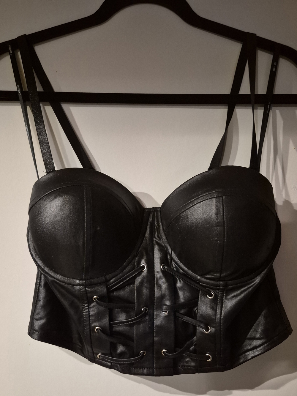 Black Leather-Look Lace-Up Bustier Crop Top - Women Intimates